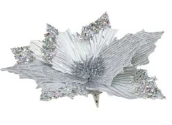 Clip On Silver Poinsettia With Sequins And Glitter (30Cm)