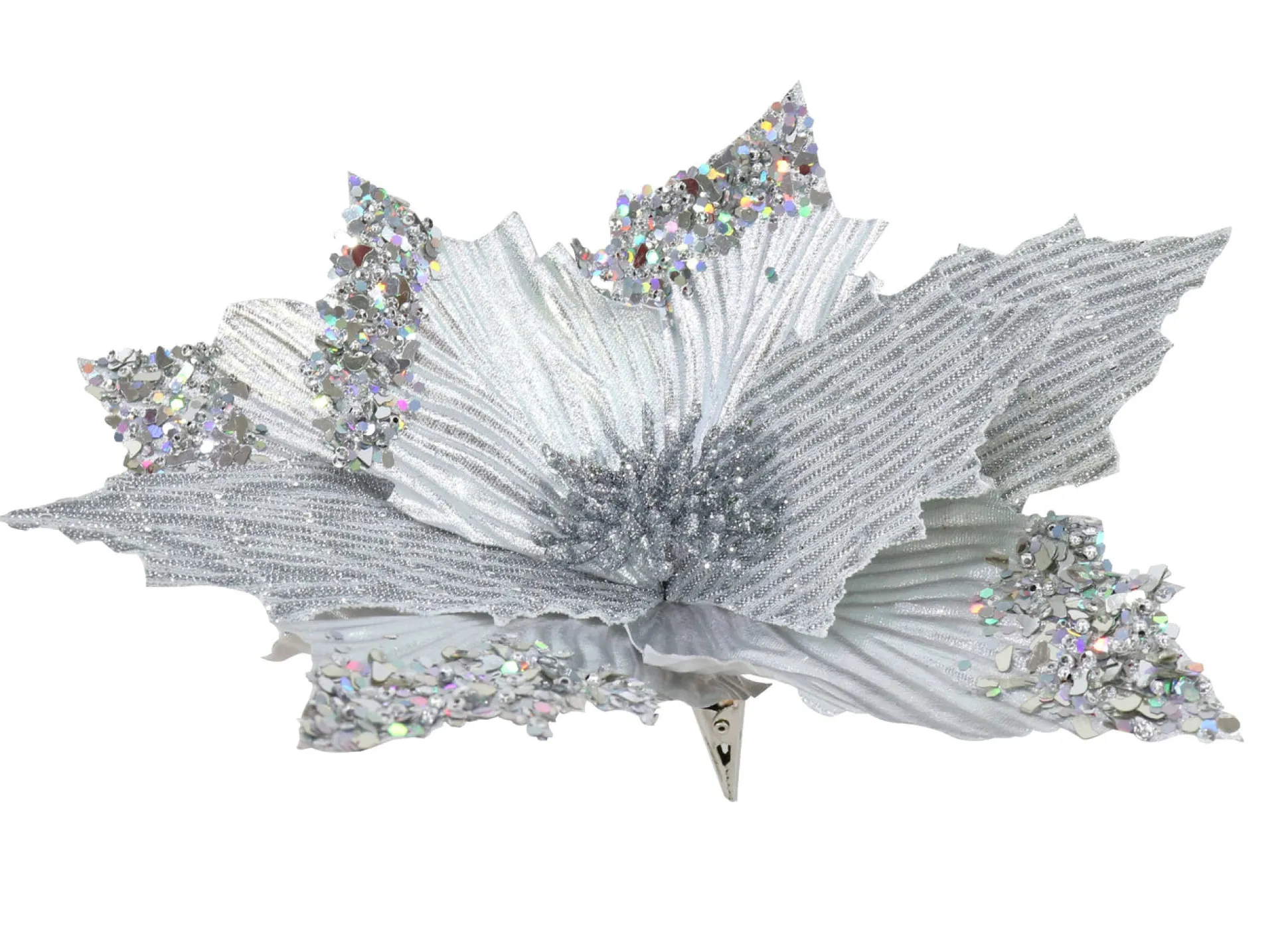 Clip On Silver Poinsettia With Sequins And Glitter (30Cm)