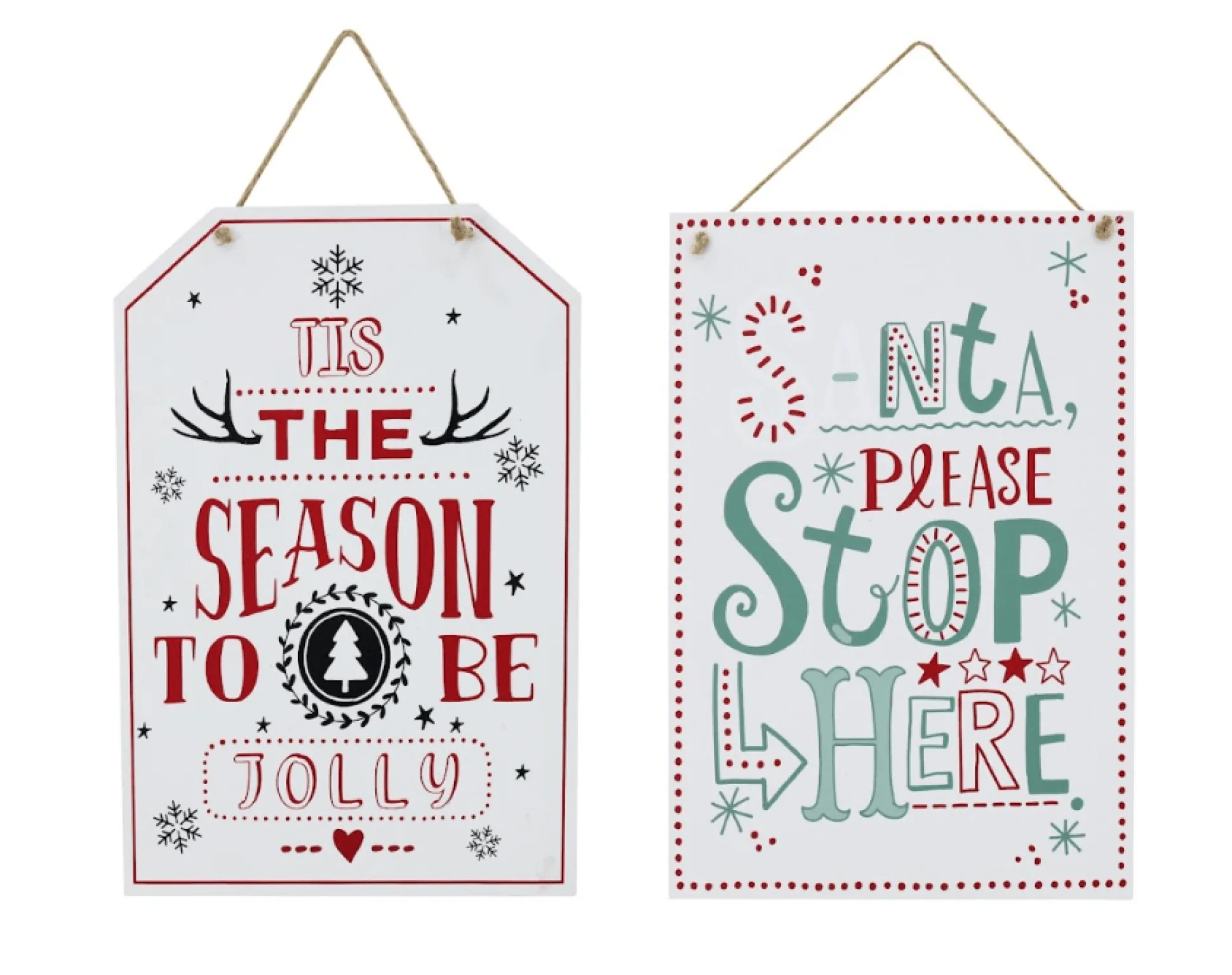 Hanging White Christmas Sign Asst - Santa Please Stop Here