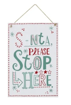 Hanging White Christmas Sign Asst - Santa Please Stop Here