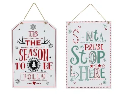 Hanging White Christmas Sign Asst - Santa Please Stop Here