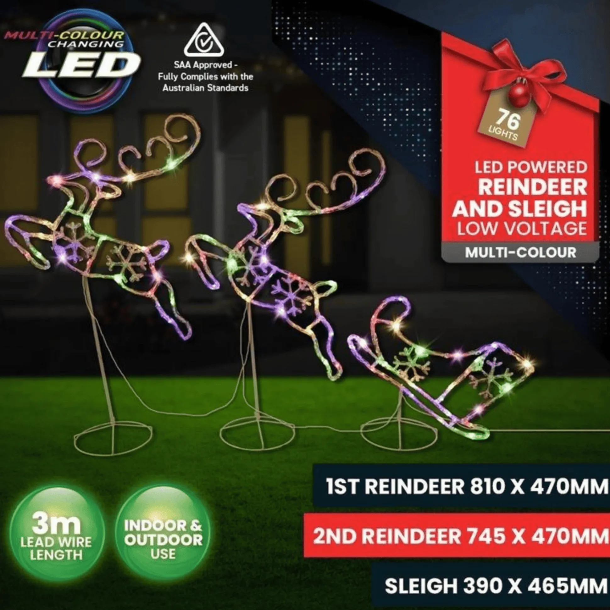 Led Multi Leaping Deer With Sleigh Stake (3Pc)